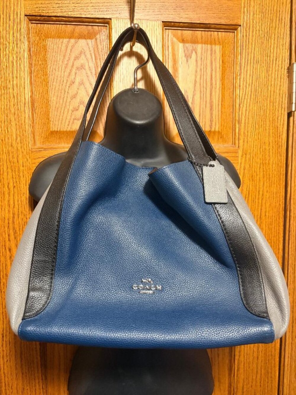 Coach Lori Colorblock Pebbled Leather Shoulder Tote Blue Gray Black NWOT - Picture 2 of 10